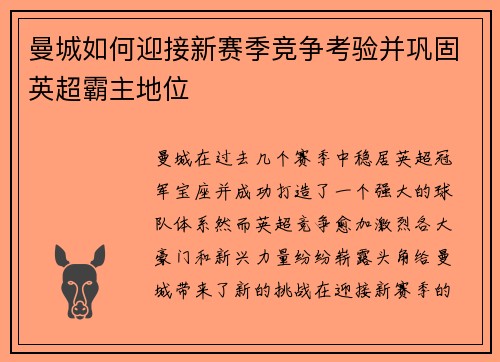 曼城如何迎接新赛季竞争考验并巩固英超霸主地位