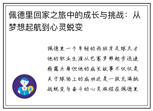 佩德里回家之旅中的成长与挑战：从梦想起航到心灵蜕变