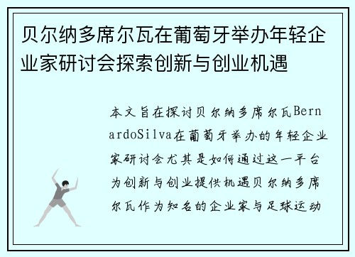 贝尔纳多席尔瓦在葡萄牙举办年轻企业家研讨会探索创新与创业机遇 贝尔纳多席尔瓦在葡萄牙举办年轻企业家研讨会探索创新与创业机遇