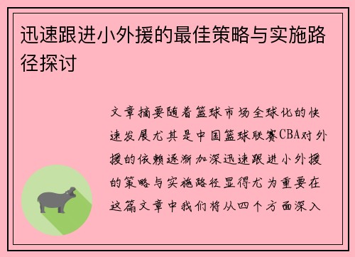 迅速跟进小外援的最佳策略与实施路径探讨